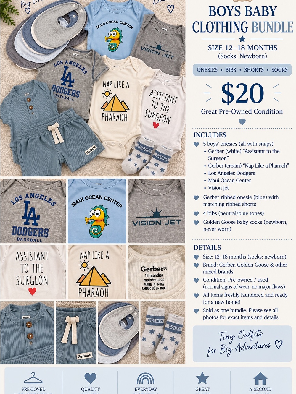 Gerber Baby Boys Bibs & Onesie Bundle in Blue, Cream, Gray